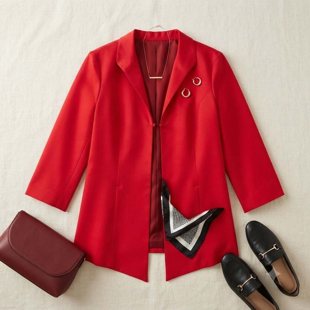 Chico's Blazer Women Size 3 Red Frog Closure 3/4 Sleeve Career Classic Chic